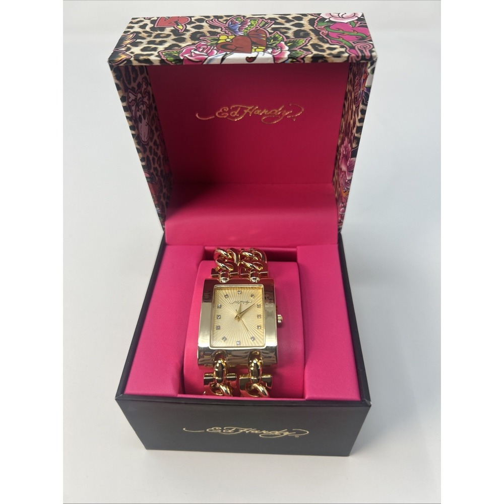 NIB Ed Hardy Women's Gold Chain Link Watch Rectangular Dial Crystal Markers